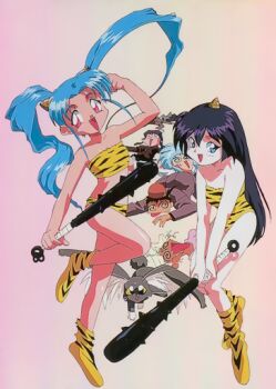 1990s_(style) 1boy 5girls 6+girls @_@ amano_misao_(pretty_sammy) aqua_eyes aqua_hair arm_up bikini black_hair boots cabbit club club_(weapon) cone_horns holding holding_club holding_weapon horns kawai_sasami kuramitsu_mihoshi leotard long_hair looking_at_viewer mahou_shoujo_pretty_sammy masaki_aeka_jurai masaki_sasami_jurai masaki_tenchi multiple_girls non-web_source official_art oni oni_costume open_mouth pink_eyes retro_artstyle ryou-ouki ryouko_(tenchi_muyou!) single_horn spiked_club strapless strapless_bikini strapless_leotard swimsuit tenchi_muyou! tiger_stripes twintails two-handed v_arms very_long_hair weapon yellow_bikini yellow_boots