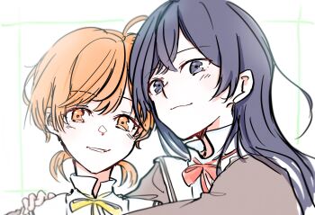 2girls ahoge black_eyes black_hair closed_mouth commentary_request highres koito_yuu long_hair low_twintails multiple_girls nanami_touko neck_ribbon open_mouth orange_eyes orange_hair portrait red_ribbon ribbon school_uniform short_twintails tasuku2218 tohmi_higashi_high_school_uniform twintails yagate_kimi_ni_naru yellow_ribbon