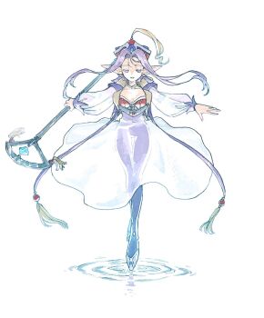 1girl commentary_request dress earrings full_body grandia grandia_i hat highres holding holding_staff jewelry liete_(grandia) long_hair long_sleeves michibata_65 pantyhose pointy_ears puffy_sleeves purple_hair see-through_clothes sidelocks solo staff white_background