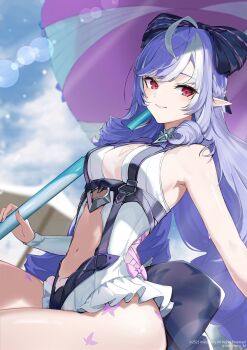 1girl bare_shoulders breasts closed_mouth cloud drill_hair highres holding holding_umbrella long_hair looking_at_viewer marumoru multicolored_hair navel official_alternate_costume outdoors parasol pointy_ears purple_hair red_eyes sitting solo stomach streaked_hair swimsuit umbrella very_long_hair vivian_banshee vivian_banshee_(iris_of_the_shore) white_hair zenless_zone_zero