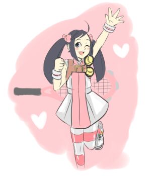 Rule 34 | 1girl, ;), ahoge, backpack, bad id, bad tumblr id, bag, ball, blue eyes, blush stickers, bow, dress, female focus, flat chest, hair bow, justice gakuen, karuizawa momo, long hair, moero! justice gakuen, one eye closed, pantyhose, purple hair, red seiryu, smile, solo, striped clothes, striped pantyhose, tennis ball, twintails, waving, wink, wristband