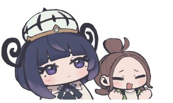 2girls black_hair blush bob_cut brown_hair chandelure chibi chibi_only clenched_hands closed_eyes closed_mouth eyelashes gen_5_pokemon gradient_hair gwynn_(pokemon) harmony_(pokemon) hat multicolored_hair multiple_girls nintendo noi_(noi_pk27) open_mouth pokemon pokemon_legends:_z-a purple_eyes purple_hair short_hair upper_body white_background