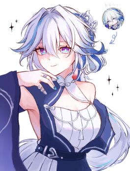 Rule 34 | 1girl, arm up, bright pupils, clothing cutout, commentary request, dress, earrings, funafu, hair ornament, hairpin, honkai: star rail, honkai (series), jewelry, light smile, long hair, looking at viewer, multicolored eyes, multicolored hair, nail polish, off shoulder, official alternate costume, official art inset, open clothes, ring, single bare shoulder, single earring, smile, sparkle, streaked hair, tassel, two-tone eyes, very long hair, white hair, yao guang (ethereal dance) (honkai: star rail), yao guang (honkai: star rail)