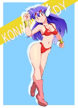 1girl armor bikini bikini_armor blue_background blush boots bracer breasts brown_eyes cleavage collarbone flexing head_wings headband konami konami_lady konami_wai_wai_world long_hair looking_at_viewer medium_breasts navel onnaski pink_boots purple_hair red_bikini smile standing swimsuit wings
