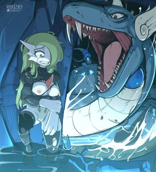 1girl 2b_(nier:automata) 2b_(nier:automata)_(cosplay) alternate_hair_length alternate_hairstyle artist_name bad_id bad_pixiv_id bahamosia black_eyes black_footwear black_shirt boots breasts breasts_out broken broken_sword broken_weapon cameltoe cave clenched_teeth colored_skin constricted_pupils cosplay crying dragon dragonair fangs female_focus full_body gardevoir gen_1_pokemon gen_3_pokemon hair_over_one_eye hand_up highres hand_on_own_arm juliet_sleeves leotard long_hair long_sleeves medium_breasts nier:automata nier_(series) nintendo nipples no_bra on_one_knee one_eye_covered open_mouth partially_submerged peril pokemon pokemon_(creature) puffy_sleeves red_eyes scared sharp_teeth shirt signature skindentation sword tears teeth thigh_boots torn_footwear twitter_username underlighting water weapon white_leotard white_skin wide-eyed