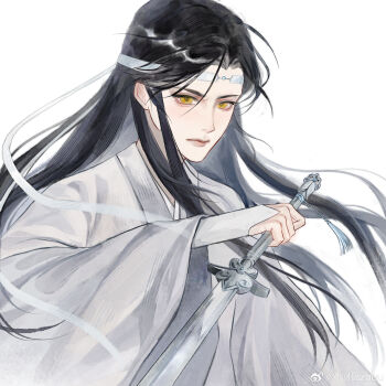 1boy absurdres azhou bichen_sword bishounen black_hair chinese_clothes closed_mouth hanfu headband highres holding holding_sword holding_weapon jian_(weapon) lan_wangji long_hair long_sleeves male_focus modao_zushi robe sidelocks simple_background sleeves_past_wrists solo sword sword_tassel tassel upper_body watermark weapon weibo_watermark white_background white_hanfu white_headband wide_sleeves yellow_eyes