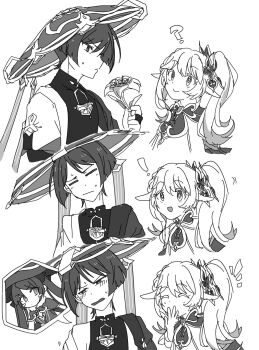 ! 1boy 1girl ? arms_at_sides blunt_ends blush_stickers bodysuit bow cape closed_eyes closed_mouth covering_own_mouth detached_sleeves dress flower flower-shaped_pupils fur_collar genshin_impact hair_bow hand_over_own_mouth hat highres holding holding_flower iris_hapic japanese_clothes jingasa kimono layered_sleeves leaning_to_the_side leotard light_blush long_hair looking_at_another mandarin_collar mona_(genshin_impact) nahida_(genshin_impact) notice_lines open_clothes open_kimono open_mouth opening_eyes parted_bangs pointy_ears scaramouche_(genshin_impact) sequential short_sleeves side_ponytail sidelocks single_off_shoulder smile spoken_character sweatdrop symbol-shaped_pupils turning_head twintails wanderer_(genshin_impact)