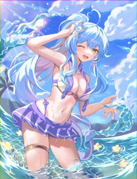 Rule 34 | 1girl, ahoge, aqua hair, arm up, armpits, beach, bikini, bikini skirt, breasts, cleavage, flower, hair between eyes, hair flower, hair ornament, hc (razel1), heart, heart ahoge, highres, hololive, holonatsu paradise, light blush, long hair, medium breasts, navel, one eye closed, open mouth, ponytail, purple bikini, smile, solo, stomach, swimsuit, thigh strap, virtual youtuber, water, wet, white bikini, yellow eyes, yukihana lamy