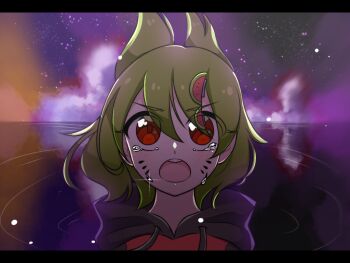 1girl blush crying eyes_visible_through_hair facial_mark food-themed_hair_ornament green_hair hair_ornament letterboxed melony_(smg4) open_mouth red_eyes short_hair smg4 solo tears watermelon_hair_ornament whisker_markings