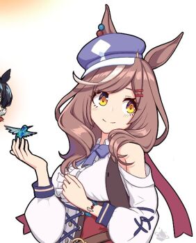 1girl animal_ears belt_bag blue_hat blush bow breasts brown_hair center_frills clothing_cutout corset ear_ornament ears_through_headwear frills hair_ornament hairclip hat horse_ears horse_girl horse_tail matikanetannhauser_(panpaka_tiltott)_(umamusume) matikanetannhauser_(umamusume) medium_breasts medium_hair mouhantain multicolored_hair newsboy_cap red_corset shoulder_cutout simple_background smile solo streaked_hair tail tilted_headwear umamusume white_background yellow_eyes