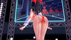 1girl 3d animated ass ass_shake audible_music black_hair blowing_kiss breasts cleavage close-up dancing ghost_dance hair_ribbon hakurei_reimu highres large_breasts legs leotard looking_at_viewer music navel rabbit_ears red_eyes ribbon smile solo sound tagme thighs touhou video