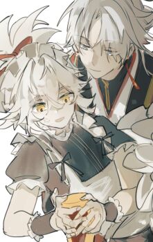 2boys age_difference aged_down alternate_costume apron blade_(honkai:_star_rail) blue_eyes earrings enmaided honkai:_star_rail honkai_(series) jewelry jing_yuan long_hair looking_down maid maid_apron maid_headdress male_focus mississipping multiple_boys open_mouth parted_bangs ponytail puffy_short_sleeves puffy_sleeves red_ribbon ribbon short_sleeves simple_background tassel tassel_earrings white_background white_hair wrist_cuffs yellow_eyes yingxing_(honkai:_star_rail)