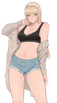1girl blonde_hair breasts claire_volikova cleavage closed_mouth denim denim_shorts earrings hairband highres jewelry jourd4n long_hair looking_at_viewer medium_breasts midriff navel original pink_eyes shorts simple_background smile solo sports_bra standing sweater white_background white_hairband