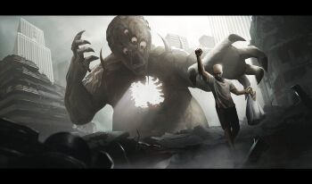 Rule 34 | 1boy, absurdres, arm up, bag, baguette, bald, black shorts, blood, blood on hands, blurry, bread, building, city, claws, depth of field, extra eyes, floral print, food, grey shirt, highres, holding, holding bag, lem, letterboxed, monster, one-punch man, overcast, plastic bag, rubble, ruins, saitama (one-punch man), shaded face, shirt, short sleeves, shorts, sky, skyscraper, standing, sunlight