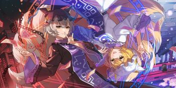 Rule 34 | 2girls, alternate color, alternate hair color, animal hat, black dress, black hat, blonde hair, blue tabard, broken, broken chain, building, chain, closed mouth, dress, dual persona, eihi, fox shadow puppet, fox tail, game cg, grey hair, hat, highres, kitsune, long sleeves, looking at viewer, mob cap, multiple girls, multiple tails, official art, ofuda, open mouth, smile, split theme, stairs, tabard, tail, third-party source, torii, touhou, touhou lostword, upside-down, white dress, wide sleeves, yakumo ran, yellow eyes