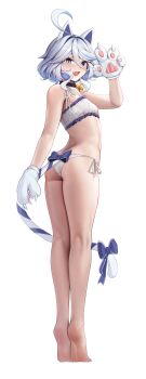 1girl absurdres ahoge alternate_costume animal_ears animal_hands ass bare_legs bare_shoulders barefoot bell blue_bow blue_eyes blue_hair blush bow bra cat_ears cat_girl cat_lingerie cat_tail collar commentary drop-shaped_pupils fake_animal_ears fake_tail fang full_body furina_(genshin_impact) genshin_impact gloves hair_between_eyes hand_up heterochromia highres huge_ahoge kneepits legs long_bangs looking_at_viewer looking_back mismatched_pupils multicolored_hair mung_(larnec) neck_bell open_mouth panties paw_gloves paw_pose short_hair simple_background skin_fang smile solo standing stomach streaked_hair symbol-shaped_pupils tail tail_bow tail_ornament tearing_up tiptoes twisted_torso underwear underwear_only wavy_hair white_background white_bra white_hair white_panties