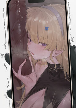 1boy 1girl bare_shoulders black_collar blonde_hair blush breasts caressing_testicles cellphone cleavage collar commentary dark-skinned_male dark_skin hair_ornament heart heart_in_eye highres holding holding_phone interracial large_breasts large_penis long_hair netorare open_mouth penis phoebe_(wuthering_waves) phone purple_eyes saliva saliva_trail screen smartphone symbol-only_commentary symbol_in_eye testicle_grab testicles wuthering_waves x_hair_ornament xaea_xp