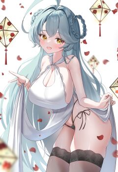 1girl absurdres alternate_costume antenna_hair aqua_hair blue_archive blush braid dress highres long_hair looking_at_viewer pantyhose simple_background single_braid solo thighhighs twitter underwear v wfa5051 white_background yellow_eyes yume_(blue_archive)