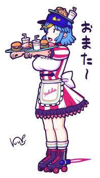 1girl alternate_costume apron back_bow balancing_on_head black_eyes blue_hair bow breasts burger cleavage commentary_request contemporary cup disposable_cup dress employee_uniform fast_food fast_food_uniform food french_fries full_body fuupo hat hat_ornament highres holding holding_tray jet_engine jiangshi looking_afar medium_breasts miyako_yoshika ofuda open_mouth outstretched_arms purple_hat red_dress roller_skates short_hair simple_background skates solo star_(symbol) star_hat_ornament striped_clothes striped_dress touhou translated tray vertical-striped_clothes vertical-striped_dress visor_cap waist_apron white_background white_bow white_dress zombie_pose