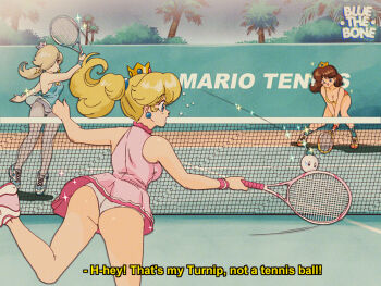 3girls ass blonde_hair blue_eyes bluethebone breasts brown_hair cleavage crown english_text hair_over_one_eye leaning_forward legs mario_(series) mario_tennis mario_tennis_aces mini_crown multiple_girls nintendo open_mouth palm_tree panties pantyhose playing_sports ponytail princess_daisy princess_peach racket retro_artstyle rosalina shoes sneakers sportswear subtitled super_mario_bros._1 super_mario_galaxy super_mario_land tank_top tennis tennis_court tennis_daisy tennis_peach tennis_racket tennis_rosalina tennis_uniform tomboy tree turnip underwear upskirt white_panties wind wind_lift
