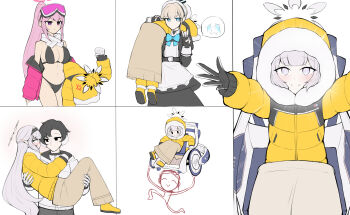 1boy 3girls anger_vein apron bikini black_bikini black_dress black_gloves black_hair blonde_hair blu_berry blue_archive blush breasts bun_cover carry_me carrying carrying_person carrying_under_arm commentary comparison doodle_sensei_(blue_archive) dress eimi_(blue_archive) eimi_(swimsuit)_(blue_archive) english_commentary fingerless_gloves fireman&#039;s_carry gloves goggles goggles_on_head grey_hair hair_bun halo hetero highres himari_(winter)_(blue_archive) hood hood_up hooded_jacket jacket large_breasts maid maid_apron maid_headdress multiple_girls navel official_alternate_costume padded_jacket pink_hair pointy_ears princess_carry sensei_(blue_archive) single_hair_bun ski_goggles smile stomach swimsuit toki_(blue_archive) v wheelchair yellow_jacket