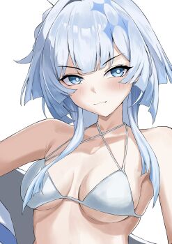 1girl bare_shoulders bikini blue_eyes blue_hair breasts bright_pupils cerydra_(honkai:_star_rail) commentary criss-cross_halter halterneck higashiwun_izumi highres honkai:_star_rail honkai_(series) long_hair looking_at_viewer small_breasts smile solo swimsuit unfinished upper_body white_bikini