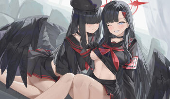 2girls absurdres akipopopopoon armband black_choker black_gloves black_hair black_serafuku black_shirt black_skirt black_wings blue_archive blue_eyes breasts choker closed_mouth clothes_lift gloves hair_ornament hair_over_eyes hairclip halo highres ichika_(blue_archive) justice_task_force_member_(blue_archive) lifting_own_clothes long_hair looking_at_viewer medium_breasts multiple_girls navel neckerchief one_eye_closed pleated_skirt red_armband red_halo red_neckerchief school_uniform serafuku shirt shirt_lift sitting skirt smile thighs underboob wings