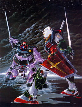 Rule 34 | 1970s (style), 1980s (style), black tri-stars, commentary request, dom (mobile suit), earth federation, energy sword, gundam, highres, holding, holding sword, holding weapon, magazine scan, mecha, mecha focus, military rank insignia, mobile suit, mobile suit gundam, no humans, official art, oldschool, one-eyed, ookawara kunio, painting (medium), promotional art, prototype gundam, realistic, red eyes, retro artstyle, robot, scan, scene reference, science fiction, shield, sword, traditional media, v-fin, war, weapon, zeon