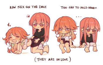 ... 1futa 1girl amlichan averting_eyes barefoot blush breasts chibi commentary dildo earrings english_commentary english_text furrowed_brow futa_with_female futanari heart highres hololive hololive_english implied_futanari implied_penetration implied_strap-on jewelry large_breasts long_hair meme mori_calliope multicolored_hair nervous orange_hair pink_eyes pink_hair sex sex_from_behind sex_toy shy simple_background squiggle strap-on takanashi_kiara virtual_youtuber yuri