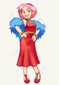 1girl amy_rose artist_request bare_shoulders bracelet breasts contrapposto dress earrings female_focus green_eyes grin hairband hands_on_own_hips heart heart_earrings humanization jewelry long_eyelashes looking_at_viewer medium_breasts pink_hair pink_lips red_dress red_hairband red_shoes sega shoes short_hair simple_background smile solo sonic_(series) source_request standing stole strappy_heels turtleneck white_background