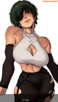 1girl bare_shoulders black_panties black_pantyhose black_sleeves black_suspenders blush breasts chainsaw_man cleavage covered_collarbone covered_navel cowboy_shot detached_sleeves eyelashes eyepatch green_eyes green_hair highres himeno_(chainsaw_man) large_breasts lips looking_at_viewer midriff_peek nose panties pantyhose parted_lips patreon_username shirt short_hair simple_background skindentation smile solo stopu teeth torn_clothes torn_pantyhose underwear white_background white_shirt