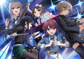 5girls :d absurdres ahoge awa_subaru black_hair black_necktie blush bow bow_hairband breast_pocket brown_hair commentary_request drum drum_set drumsticks ebizuka_tomo girls_band_cry green_skirt grey_hair guitar hair_between_eyes hairband highres holding holding_guitar holding_instrument instrument iseri_nina kawaragi_momoka keyboard_(instrument) long_hair mole mole_under_eye multiple_girls music necktie open_mouth parted_bangs plaid_clothes plaid_skirt playing_instrument pocket purple_eyes red_eyes rupa_(girls_band_cry) shirt short_hair sidelocks skirt smile teeth tongue twintails upper_teeth_only white_bow white_hairband white_shirt yanagi_marie yellow_eyes