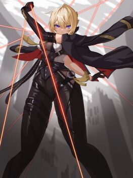 1girl absurdres black_gloves black_jacket black_pants blonde_hair blush breasts cleavage closed_mouth commentary_request elbow_gloves evelyn_chevalier gloves highres holding holding_string jacket large_breasts leather leather_pants long_hair looking_at_viewer pants purple_eyes remynoue shirt solo string string_of_fate white_shirt zenless_zone_zero