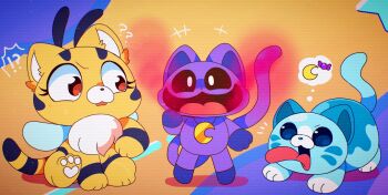 ! !? 1boy 2girls ? ?? animal_ears antennae bee bee_wings big_smile black_sclera bug candy candy_cat cat-bee cat_boy cat_ears cat_girl cat_tail catnap_(poppy_playtime) chest_fur chibi colored_sclera commentary_request eyelashes food gas happy highres hybrid insect insect_wings jewelry looking_at_another looking_at_viewer male_focus moon moon_(ornament) moon_necklace multiple_girls necklace open_mouth poppy_playtime smile smiling_critters smoke speech_bubble stuffed_toy tail thought_bubble tongue tongue_out toy white_eyes wings