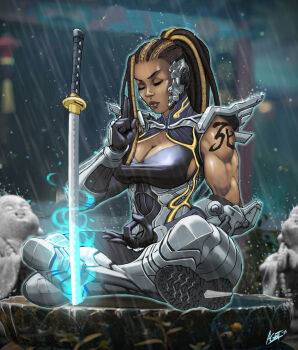1girl absurdres arm_guards armor boots breasts collarbone cornrows dark_skin dreadlocks forehead gauntlets geminisoku gloves headgear highres large_breasts leotard lineart master_raven muscular muscular_female ninja revealing_clothes shoulder_armor sketch solo sword tekken tekken_7 turtleneck very_dark_skin weapon