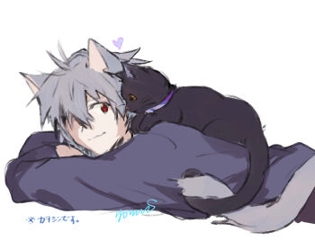 Rule 34 | 1boy, animal, animal ears, black cat, cat, cat boy, cat ears, cat tail, closed mouth, grey hair, hair between eyes, heart, highres, intertwined tails, looking at animal, lying, male focus, nagisa kaworu, neon genesis evangelion, on stomach, red eyes, short hair, signature, simple background, tail, translation request, upper body, white background, yorumi1117