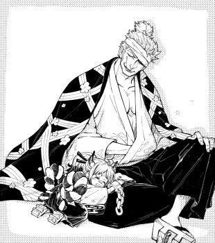 1boy 1girl aged_down bandages chabo_(niwatori_bosori) child commentary_request cuffs geta greyscale hakama handcuffs haori_on_shoulders highres horns indian_style japanese_clothes kimono monochrome one_piece ponytail rope shimenawa shimotsuki_ushimaru sidelocks sitting v-shaped_eyebrows wide_sleeves yamato_(one_piece)