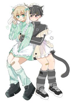 Rule 34 | 2boys, alternate costume, animal ears, antenna hair, artist collaboration, bandaid, bandaid on knee, bandaid on leg, basil (faraway) (omori), basil (omori), black eyes, black hair, black shoes, blonde hair, blue eyes, blush, bright pupils, cat ears, cat tail, commentary request, crossdressing, crossdressing (mtf), double-parted bangs, fake animal ears, fake tail, green socks, grey socks, hair between eyes, hair ornament, hairclip, highres, holding, holding knife, jersey maid, knife, long sleeves, looking at another, maid, maid headdress, male focus, male maid, mewo, multiple boys, okameeomo, omori, open mouth, rabbit ears, shoes, short hair, sidelocks, simple background, sneakers, socks, sunny (omori), tail, unconventional maid, white background, white pupils, x hair ornament, yuuabara, zipper, zipper pull tab
