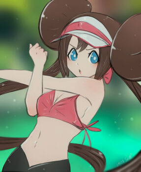 1girl absurdly_long_hair arm_across_chest armpits arms_up bare_arms bare_hips bare_shoulders black_pants blue_eyes blush bra breasts brown_hair cleavage clenched_hands collarbone determined donut_hair_bun exercising exhibitionism eyelashes female_focus flexing gen_5_pokemon hair_bun highres long_hair midriff navel neck nintendo omiza_somi open_mouth outdoors pants pink_bra pokemon pokemon_bw2 public_indecency rosa_(pokemon) shiny_clothes shirt sidelocks skin_tight small_breasts solo standing tight_clothes tight_pants twintails two-tone_headwear underwear unworn_shirt v-shaped_eyebrows very_long_hair visor_cap yoga_pants