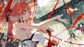 1girl absurdres bare_shoulders braid breasts changli_(wuthering_waves) colored_extremities commentary dress english_commentary feather_hair from_side hair_extensions hair_ornament hand_up highres holding holding_umbrella large_breasts large_ribbon looking_up no_jacket oil-paper_umbrella outdoors parted_lips pink_hair ponytail rain red_hands ring_hair_extensions scottie_(phantom2) solo twin_braids umbrella wet white_dress wuthering_waves yellow_eyes