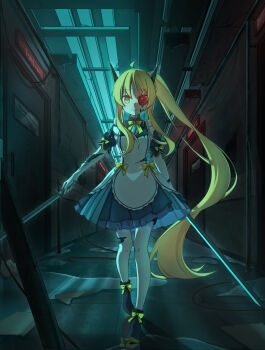 1girl absurdly_long_hair absurdres ahoge animegao black_bodysuit blonde_hair blue_dress bodysuit bodysuit_under_clothes broken_mask cluebox cosplay door dress dual_wielding frills gloves hallway highres holding holding_sword holding_weapon juliet_sleeves kigurumi latex latex_bodysuit long_hair long_sleeves mask original pantyhose ponytail puddle puffy_sleeves red_eyes reflection ribbon smile solo straight-on sword torn_clothes variant_set very_long_hair walking weapon white_gloves white_pantyhose yellow_eyes yellow_ribbon