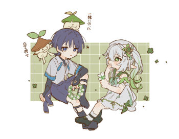 1boy 1girl aranara_(genshin_impact) arm_on_knee beret black_bridal_gauntlets black_hair black_shoes black_shorts blue_eyes blue_trim blunt_ends border bridal_gauntlets bright_pupils clenched_hand collared_shirt commentary_request cross-shaped_pupils detached_sleeves dress eyelashes eyeliner feather_necklace feathers flower flower_wreath gem genshin_impact gold_trim green_background green_eyes green_gem green_hair green_neckerchief green_pupils green_sailor_collar green_trim grid_background hand_on_own_face hands_up hat highres holding holding_flower jewelry layered_shirt legwear_garter long_hair looking_at_another looking_at_creature makeup mary_janes multicolored_hair nahida_(genshin_cafe_in_seoul)_(genshin_impact) nahida_(genshin_impact) neckerchief necklace notice_lines official_alternate_costume open_hand pointy_ears pom_pom_(clothes) red_eyeliner sailor_collar scaramouche_(genshin_impact) shirt shoes shorts side_ponytail sidelocks sitting socks streaked_hair sweatdrop symbol-shaped_pupils tenpi_(hello_3152) translation_request turtleneck turtleneck_shirt wanderer_(genshin_cafe_in_seoul)_(genshin_impact) wanderer_(genshin_impact) white_background white_border white_dress white_flower white_hair white_hat white_pupils white_shirt white_sleeves white_socks wispy_bangs yellow_feathers