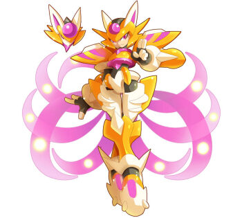 android armor biometal cosplay crossed_legs cubit_foxtar_(mega_man) cubit_foxtar_(mega_man)_(cosplay) full_body helmet kitsune legs_apart looking_at_viewer mega_man_(series) mega_man_zero_(series) mega_man_zero_3 mega_man_zx parody red_eyes red_helmet simple_background smile solo standing style_parody ultimatemaverickx weapon white_background yellow_armor