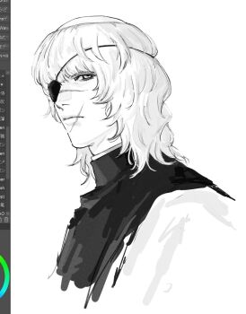 Rule 34 | 1boy, art program in frame, badeni, chi.: chikyuu no undou ni tsuite, closed mouth, commentary, eyepatch, greyscale, highres, lips, male focus, medium hair, monochrome, nose, scar, scar on face, scar on mouth, simple background, solo, tabard, th3kph0enix, tonsure, white background