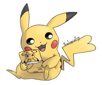Rule 34 | 1girl, artsy-theo, blush, gen 1 pokemon, handheld game console, happy, nintendo, nintendo 3ds, no humans, open mouth, pikachu, pokemon, signature, sitting, tail, white background, yellow fur