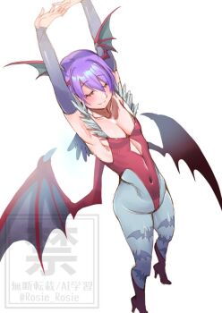 Rule 34 | 1girl, armpits, arms up, artist name, bare shoulders, blue pantyhose, blush, closed eyes, closed mouth, commentary, darkstalkers, demon girl, demon wings, full body, head wings, leotard, lilith (darkstalkers), multiple wings, pantyhose, red leotard, rosie rosie, simple background, standing, stretching, twitter username, watermark, white background, wings