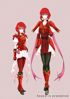 1girl age_progression armor black_pantyhose breasts cleavage fire_emblem fire_emblem:_mystery_of_the_emblem fire_emblem_heroes green_headband headband highres looking_at_viewer medium_breasts minerva_(fire_emblem) minerva_(princess-knight)_(fire_emblem) nintendo pantyhose red_armor red_eyes red_hair red_pantyhose shoulder_armor smile yori_ilrosso