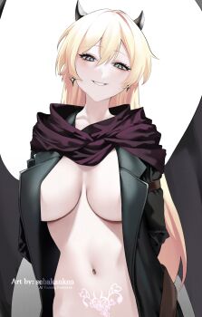 Rule 34 | arms behind back, black horns, blonde hair, blush, coat, demon horns, earrings, green eyes, hair between eyes, highres, horns, jacket, jewelry, long hair, navel, open clothes, open coat, open jacket, original, pubic tattoo, purple scarf, scarf, sebakanken, smile, tattoo, trench coat
