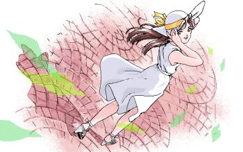 1990s_(style) 1girl adjusting_clothes adjusting_headwear archived_source bare_arms border bow brown_eyes brown_hair dithering dress dutch_angle fading_border falling_leaves floating_clothes floating_hair from_behind full_body hat hat_bow high_heel_sandals high_heels leaf long_dress long_hair looking_at_viewer looking_back on_floor open_mouth original outdoors outside_border pc-98_(style) pixel_art retro_artstyle sandals shoes sleeveless sleeveless_dress smile strappy_heels teiku_(take) turning_head walking white_border white_dress white_hat white_shoes wind yellow_bow