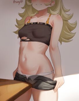 1girl black_shorts blonde_hair blush breasts collarbone covered_erect_nipples crop_top english_text heart highres long_hair mockingeu navel panties piper_wheel pulling_own_clothes ribs shorts simple_background small_breasts smile solo spiked_shirt table thighs torn_clothes underwear white_panties zenless_zone_zero